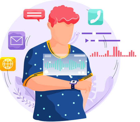 Voice assistant software agent perform tasks for user. Speaker recognition, vote controlled smart speaker. Man voice activated digital assistants, identification. Virtual assistant, sound robotのイラスト素材