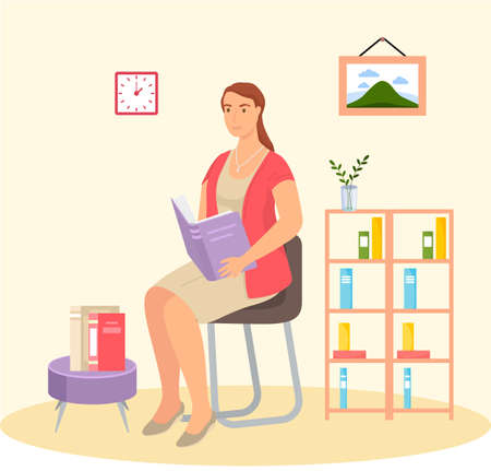 Young woman reading book, studying at home, book lovers hobby. Student resting with book, female character is fond of literature, enjoys reading, gets educationのイラスト素材
