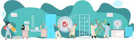 Antivirus vaccine. Scientists conducting scientific researches, laboratory assistants test tubes working in medical lab researchers making chemical experiments test liquids and equipment. Virus in labのイラスト素材