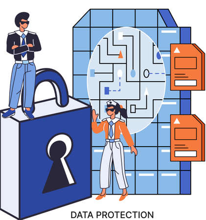 Data protection metaphor, privacy, information security. Secure data management and protect data hacker attacks. Protected access control antivirus software safe internet communication, secure storageのイラスト素材