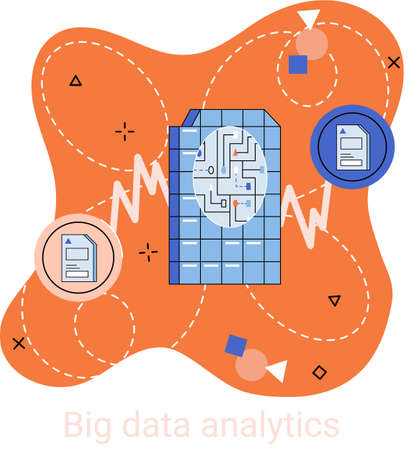 Big data analytics. Process of analyzing large and complex data sources to identify trends customer behavior metaphor and market preferences to make more effective business decisions, data explorationのイラスト素材