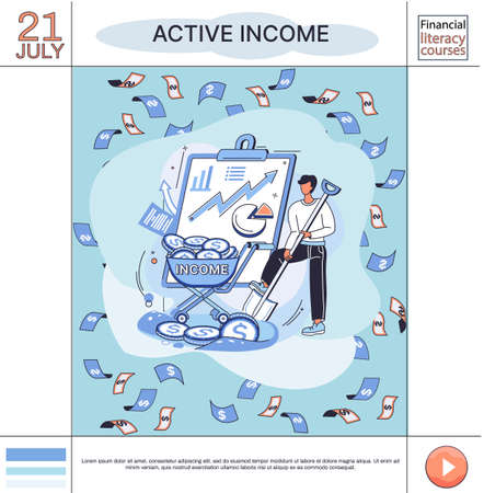 Active income obtained in course of certain activity using your knowledge and skills, getting paid for work. Works, earns salary. Idea of financial growth, business development, wages. Activity growthのイラスト素材