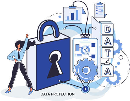 Data protection metaphor, privacy, information security. Secure data management and protect data hacker attacks. Protected access control antivirus software safe internet communication, secure storageのイラスト素材