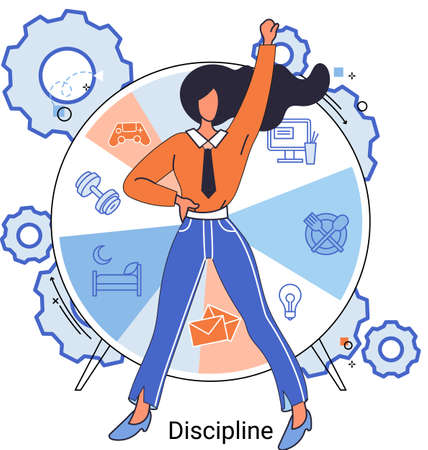 Daily schedule metaphor, daily affairs person, discipline indicators time for rest, work, sleep, food. Scheduling activities for day, time management, distribution of tasks, circle sectors occupationのイラスト素材