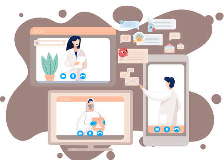 Online doctor conference, consultation via your smartphone. Concept for medical app and websites. Remote meetings of scientists conferring on fight against viruses and scientific researchesのイラスト素材