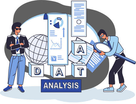 Big data analytics. Process of analyzing large and complex data sources to identify trends customer behavior metaphor and market preferences to make more effective business decisions, data explorationのイラスト素材