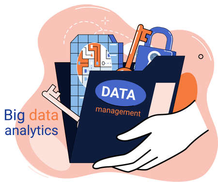 Big data analytics. Process of analyzing large and complex data sources to identify trends customer behavior metaphor and market preferences to make more effective business decisions, data explorationのイラスト素材