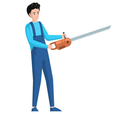 Man stands with chainsaw in hands. Guy holds tool to cut trees. Instrument, equipment for working in garden. Male character starting chainsaw, holding electric saw isolated on white backgroundのイラスト素材