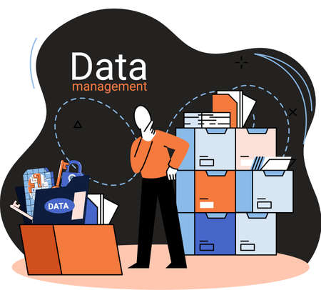 Data management, privacy media center, business protection, rational storage of information, digital privacy. Efficient, cost-effective and safe organization of collection, storage and use of dataのイラスト素材
