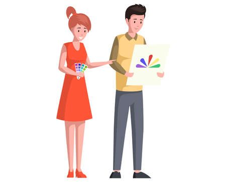 Professional designers holding and selecting palette samples isolated on white background. Color selection, guide, interior design, swatch concept. People choose color, discuss shade on paletteのイラスト素材