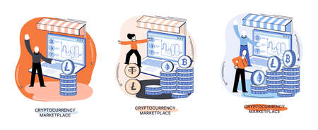 Cryptocurrency marketplace metaphor. Cryptocurrency investing platform. Bitcoin stock exchange online wallet and payments, digital money transactions. Crypto trading strategies. Exchange platformのイラスト素材