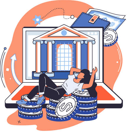 Passive income, interest on deposits, dividends, investing, online monetization. Woman lying on stack of dollar coins. Getting profit, money from investments. Financial growth and business developmentのイラスト素材