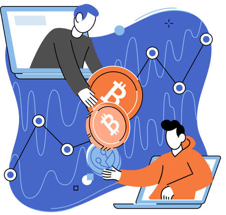 Crypto currency mining illustration. Cryptocurrency concept with miners and coins. Young men with laptops working in bitcoin mine. Blockchain transaction technology concept, virtual money marketのイラスト素材