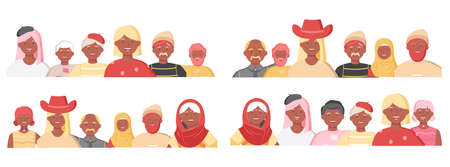 Multiethnic group of people standing together community and togetherness concept, diversity portrait. Characters men and women isolated on white. Crowd community. Social diversity friends or relativesのイラスト素材