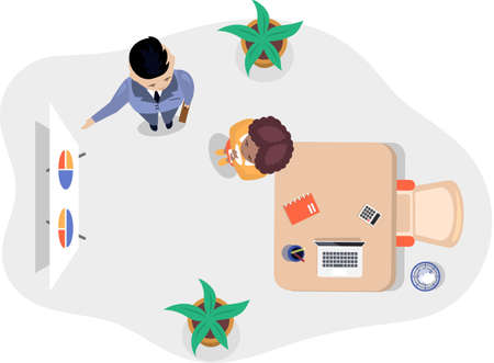 Business office connection working concept. Businessmen communicating talking about project strategy. People having board meeting with presentation, business brainstorming of startup, top viewのイラスト素材