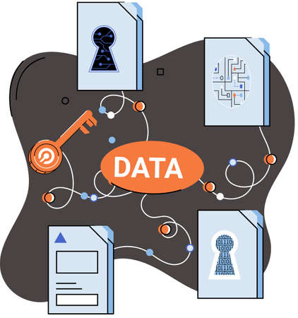 Data protection metaphor, privacy, information security. Secure data management and protect data hacker attacks. Protected access control antivirus software safe internet communication, secure storageのイラスト素材