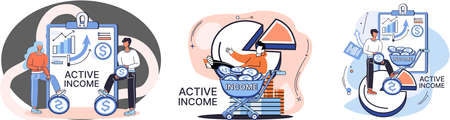 Active income obtained in course of certain activity using your knowledge and skills, getting paid for work. Works, earns salary. Idea of financial growth, business development, wages. Activity growthのイラスト素材