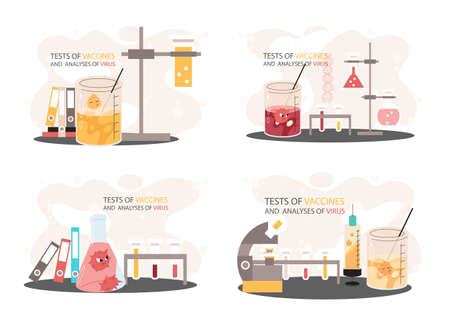 Scientific researchers analyses and tests of vaccines, immunization prevention and protection against viruses. Antivirus vaccine complete development. Pharmaceutical investigation in laboratoryのイラスト素材