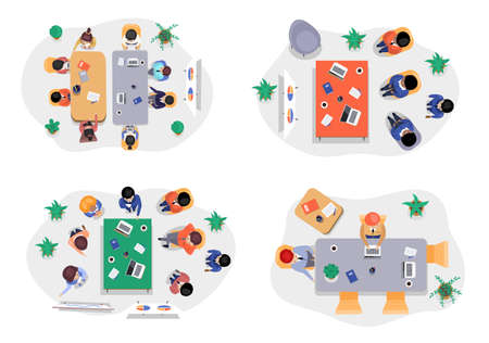 Business office connection working concept. Businessmen communicating talking about project strategy. People having board meeting with presentation, business brainstorming of startup, top viewのイラスト素材