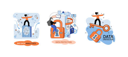 Big data analytics platform, data management and protection creative metaphor set abstract concept. Data center room disk infrastructure business information safety. Technology Internet and networkのイラスト素材