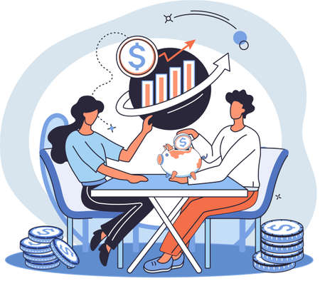 Saving account concept. People with coins and piggy bank. Accumulation of funds, wealth, passive income. Receiving interest from keeping money, safe future. Banking services, internet paymentのイラスト素材