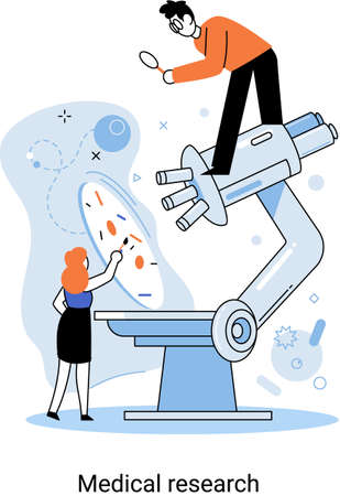 Medical research. Laboratory diagnostic services, Scientists work with equipment and microscope. Virologists in chemistry clinic laboratories, microbiology pharmaceutical research. Vaccine discoveryのイラスト素材