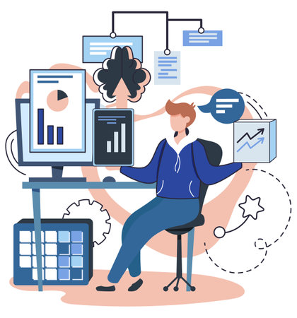 Business intelligence, data analysis, obtaining analytical information for making strategic business decisions. Problem solving to get results, management tools, enterprise strategy developmentのイラスト素材