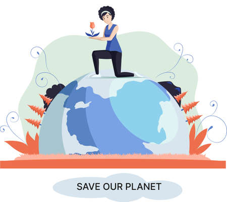 Save our planet, global warming, climate change, natural disaster, deforestation, global heating, lack of plants and drought. Stop environmental catastrophe on planet, maintaining clean ecologyのイラスト素材