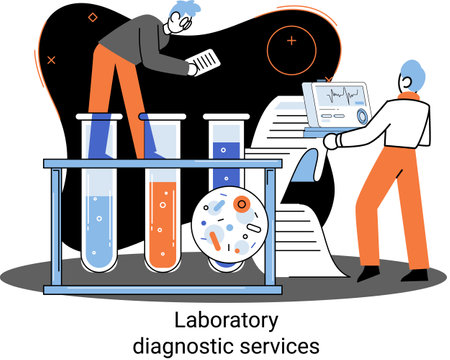 Laboratory diagnostic services metaphor, health indicators research treatment medical examination clinic. Health care and routine survey by doctor. Analyzes prescriptions of medications, lab equipmentのイラスト素材