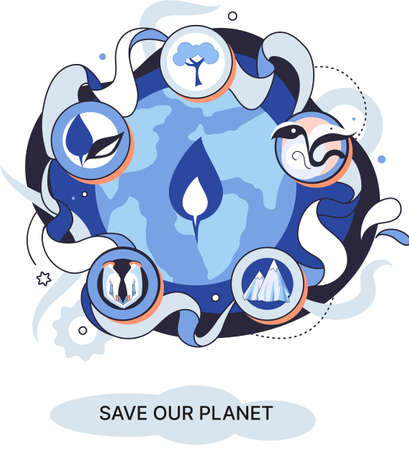 Save our planet ecological metaphor Earth day, love for native home. Sustainable gardening renewable energy. Caring for nature protecting environment stop air and water pollution, rational consumptionのイラスト素材