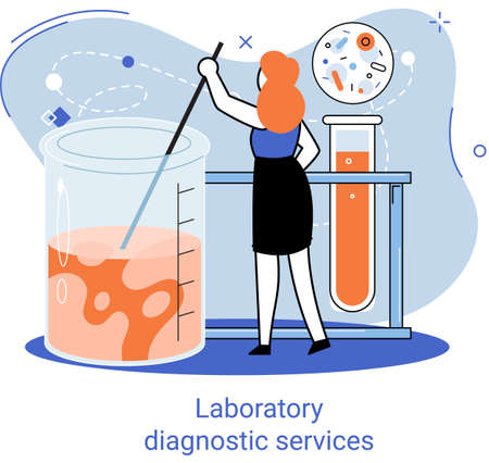 Laboratory diagnostic services metaphor, health indicators research treatment medical examination clinic. Health care and routine survey by doctor. Analyzes prescriptions of medications, lab equipmentのイラスト素材