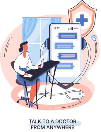 Online medical services mobile application consultation and prescription medicine professional doctor connecting and giving consultation for patient anywhere telemedicine metaphor, health care programのイラスト素材