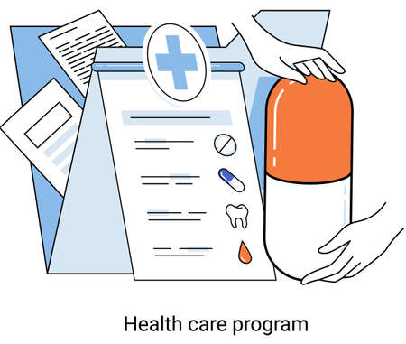 Medical insurance, health care program, shield with cross, hospital services, preventive check up, sick leave certificate, volunteer enrollment project. Online medical services, protection medicineのイラスト素材