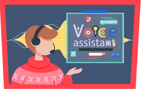 Voice assistant software agent perform tasks for user. Speaker recognition, vote controlled smart speaker. Man voice activated digital assistants, identification. Virtual assistant, sound robotのイラスト素材