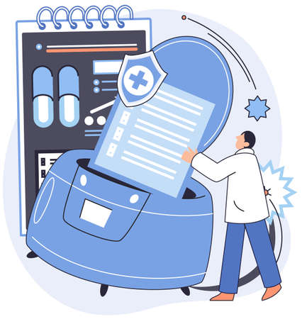 Health care program, online medical services, protection medicine. Medical insurance, hospital services, preventive check up, sick leave certificate, treatment and diagnosis of patients, telemedicineのイラスト素材