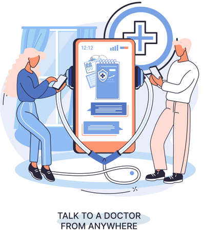 Online medical services mobile application consultation and prescription medicine professional doctor connecting and giving consultation for patient anywhere telemedicine metaphor, health care programのイラスト素材