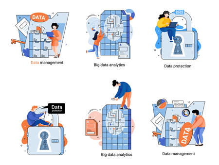 Big data analytics platform, data management and protection creative metaphor set abstract concept. Data center room disk infrastructure business information safety. Technology Internet and networkのイラスト素材