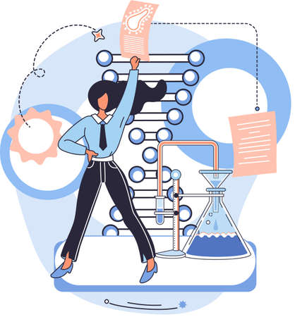 Medical research. Laboratory diagnostic services, Scientist works with equipment and microscope. Virologist in chemistry clinic laboratories, microbiology pharmaceutical research. Vaccine discoveryのイラスト素材