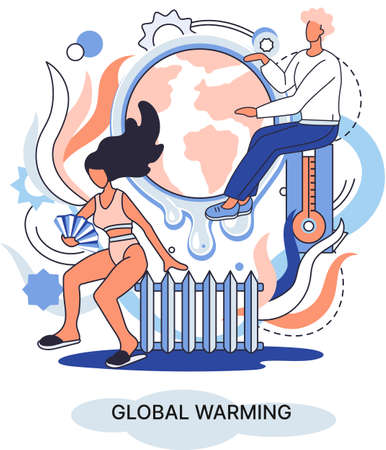 Global warming metaphor, human climate change, emissions destroy atmosphere and air, natural disaster, deforestation, global heating, lack of plants and drought. Environmental catastrophe on planetのイラスト素材