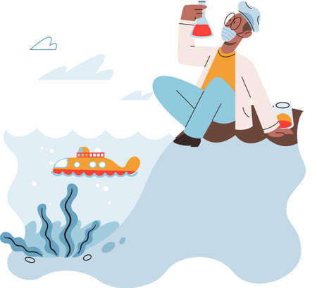 Laboratory assistant conducts experiments with water sourse, study impact on environment. Ecological researcher analyzing test data from pond or river. Scientist holding test tube, sitting on shoreのイラスト素材