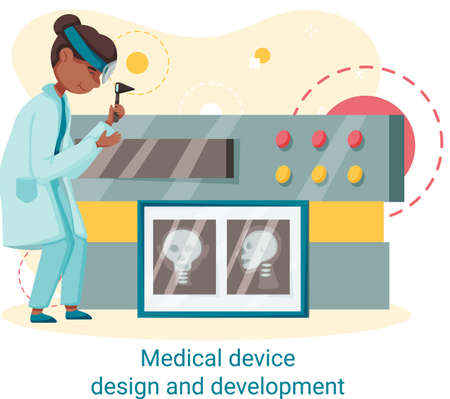 Medical device design and development banner with scientist develop research appliance, equipment for x-ray. Laboratory diagnostic service, chemistry clinic laboratories, pharmaceutical researchのイラスト素材