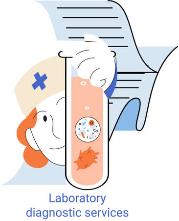 Laboratory diagnostic services. Scientist virologist fights against viruses in lab, holding vaccine in tube. Antivirus medicine complete development. Pharmaceutical investigation in laboratoryのイラスト素材