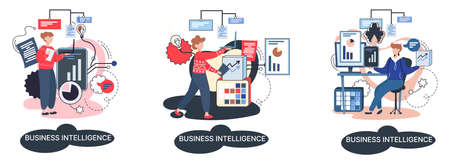 Business intelligence, data analysis, obtaining analytical information for making strategic business decisions. Problem solving to get results, management tools, enterprise strategy developmentのイラスト素材