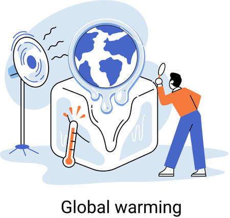 Climate change, increase in planet temperature concept. Abstract metaphor global warming, ice melting. Ecological catastrophy, human impact on nature and ecology. Saving Earth and environmental careのイラスト素材