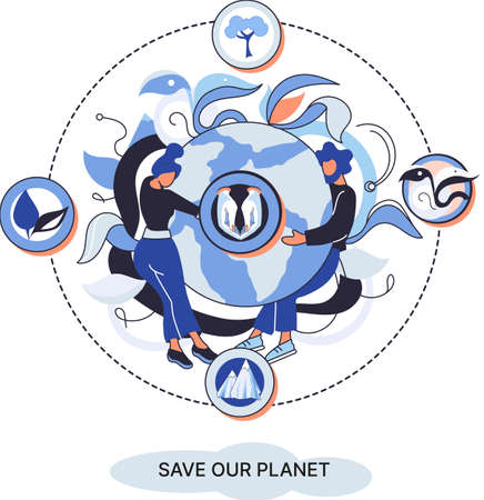 Save our planet ecological metaphor Earth day, love for native home. Sustainable gardening renewable energy. Caring for nature protecting environment stop air and water pollution, rational consumptionのイラスト素材