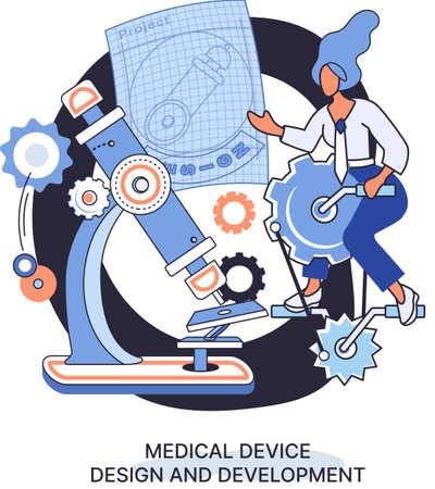 Medical device design and development metaphor with scientist develop research appliance, equipment and experiment. Laboratory diagnostic service chemistry clinic laboratories, pharmaceutical researchのイラスト素材