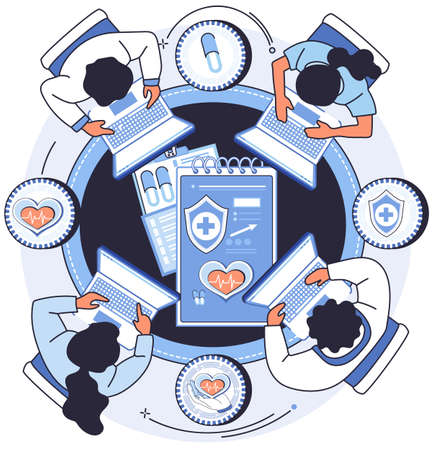 Health care program, medical services, insurance and treatment, prescription medicine, medication course, pharmacology concept, pharmaceutical clinical researches, pills recommendation online servicesのイラスト素材