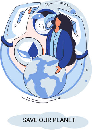Save our planet ecological metaphor Earth day, love for native home. Sustainable gardening renewable energy. Caring for nature protecting environment stop air and water pollution, rational consumptionのイラスト素材