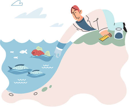 Laboratory assistant conducts experiments with water life, studies environment and its inhabitants. Ecological researcher analyzing test data from pond or river. Scientist holding magnifying glassのイラスト素材