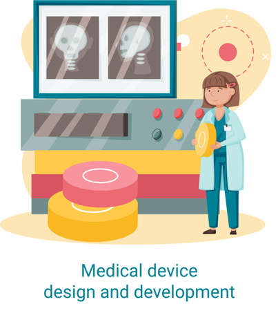 Medical device design and development metaphor with scientist develop research appliance, equipment and experiment. Laboratory diagnostic service chemistry clinic laboratories, pharmaceutical researchのイラスト素材